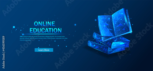 Digital Vector illustration. Low poly wireframe online education blue background or concept with opened book. Online reading or courses. Digital Classroom Online Education.