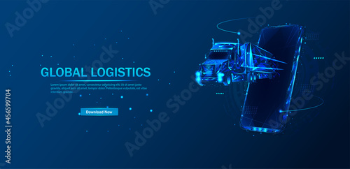 Logistics and distribution vector color wireframe mesh. Logistics low poly art illustration.Vehicle, transport delivery, cargo logistics concept. Freight transport, international delivery. Vector