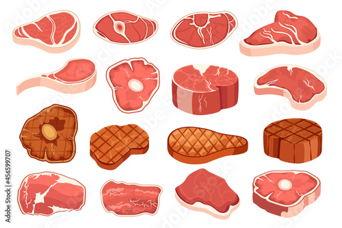 Set of Icons Raw and Grilled Steak Chops. Meat Sirloin Roast and Fresh Pieces, Tenderloin with Bone Barbeque Meal