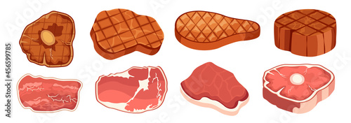 Set of Icons Steak Raw and Fried Chops. Meat Roast and Fresh Pieces, Barbeque or Grill Meal, Fresh and Done Beef Slices