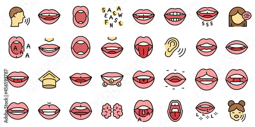 Articulation icons set outline vector. Childhood development. Education exercise photo
