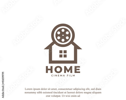 Real Estate Cinema Icon. Logo Combination of House and Film Stripes for Movie Production Design Template Element