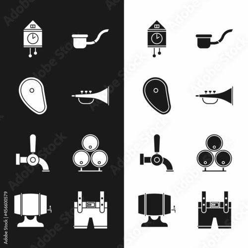 Set Musical instrument trumpet, Steak meat, Retro wall watch, Smoking pipe, Beer tap, Wooden barrels, Lederhosen and on rack icon. Vector