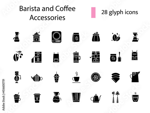 Coffee making tools glyph icons set. Professional plunger for espresso making. Isolated vector stock illustration