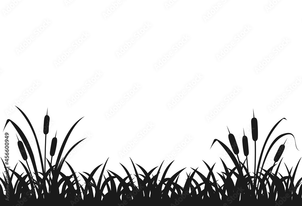 Black silhouette of marsh grass, lake reeds, seamless grass. - obrazy, fototapety, plakaty 