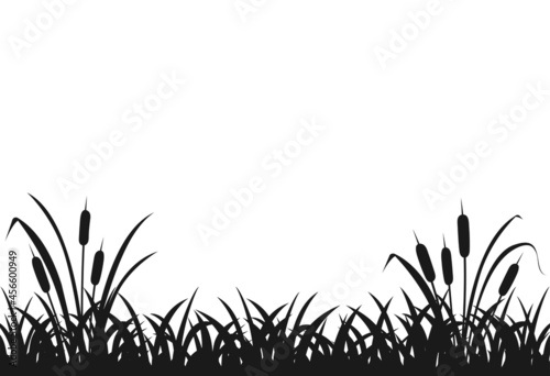 Black silhouette of marsh grass, lake reeds, seamless grass.