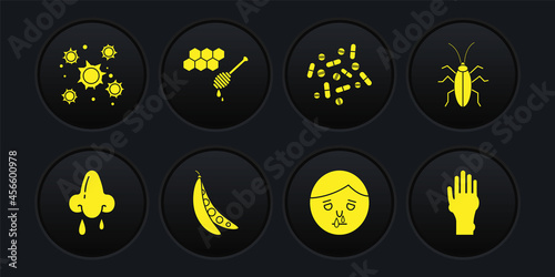 Set Runny nose, Cockroach, Kidney beans, Medicine pill or tablet, Honeycomb with honey dipper, Hand psoriasis eczema and Bacteria icon. Vector