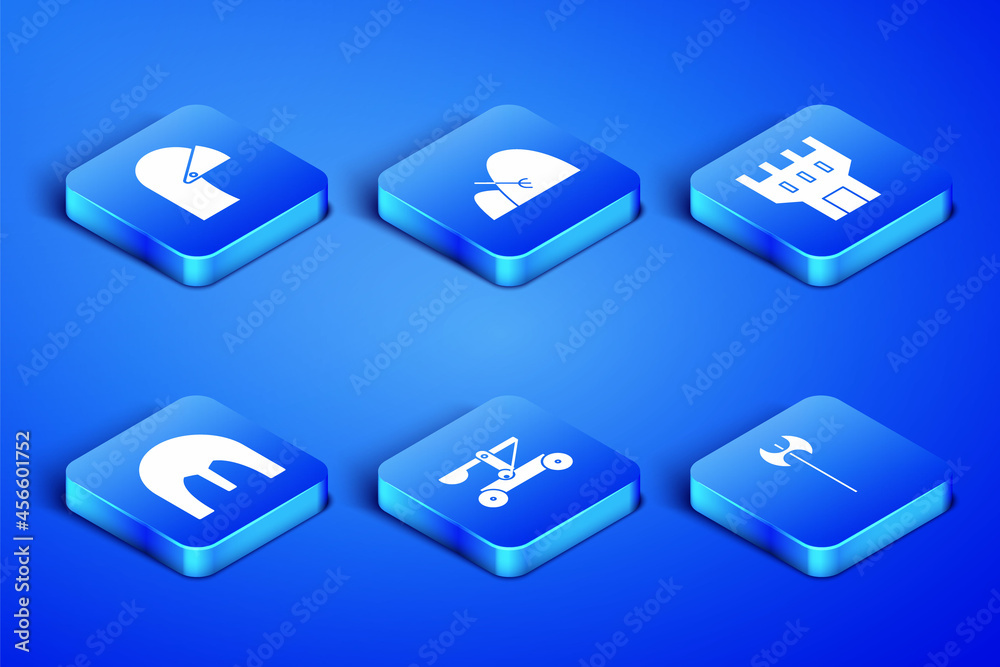Set Medieval axe, iron helmet, Catapult shooting stones, Bale of hay and rake and Castle tower icon. Vector Set Medieval axe, iron helmet, Catapult shooting stones, Bale of hay and rake and Castle tower icon. Vector