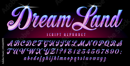 Dream Land is a lyrical script in violet and purple tones. This font has metallic shiny gradient effects and highlights. Good for magic, wizardry, sorcery and fantasy themes, or fashion branding.