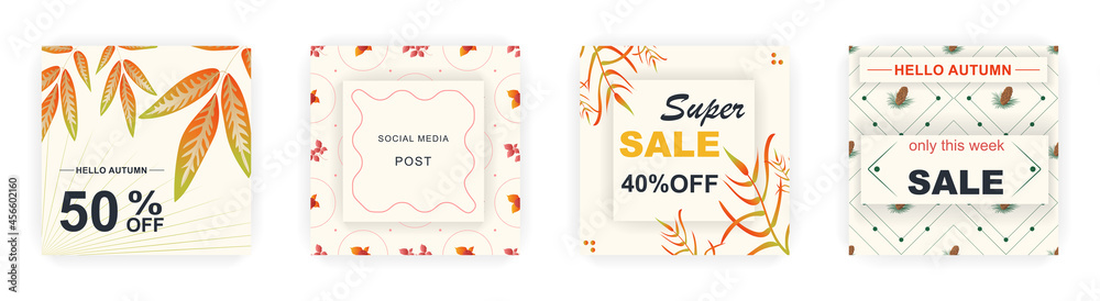 Modern autumn square sale poster templates with floral and geometric pattern. Suitable for social media posts, poster, mobile apps, banners design and web ads, vector backgrounds, promotion materials.