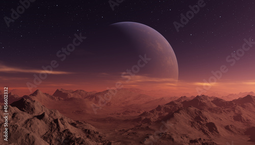 3d rendered Space Art  Alien Planet - A Fantasy frozen landscape with planets and blue skies