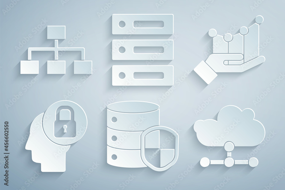 Set Server with shield, Pie chart infographic, Human head lock, Network ...