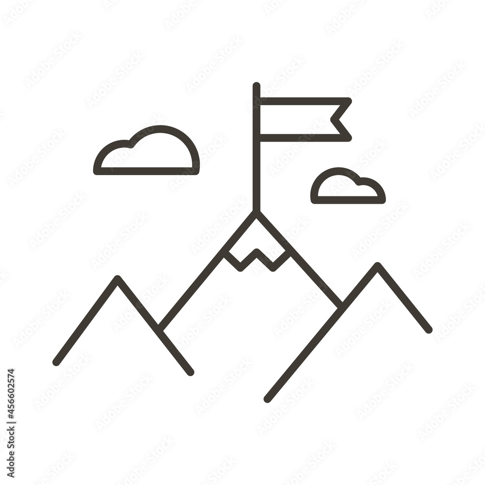 Mountain peak with flag and clouds. Vector thin line icon for concepts of achieving goals, success, corporate, business and personal Mountain peak with flag and clouds. Vector thin line icon for concepts of achieving goals, success, corporate, business and personal