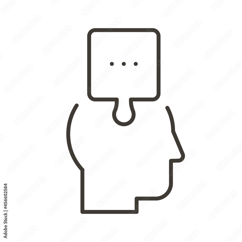Head profile of a person with a puzzle piece speech bubble. Vector thin line illustration for concepts of mental health, business or education problem solving, solutions, thinking out of the box Head profile of a person with a puzzle piece speech bubble. Vector thin line illustration for concepts of mental health, business or education problem solving, solutions, thinking out of the box
