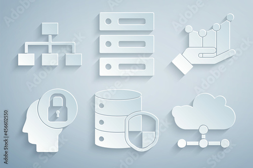 Set Server with shield, Pie chart infographic, Human head lock, Network cloud connection, Server, Data, Web Hosting and Hierarchy organogram icon. Vector