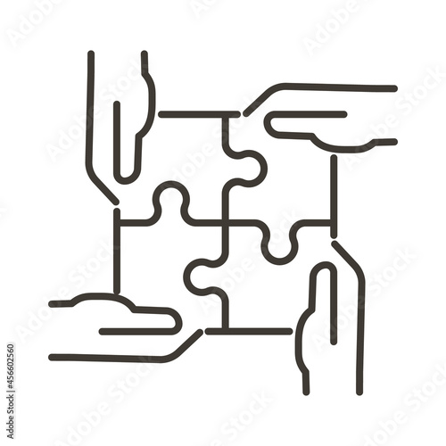 4 hands connecting four puzzle pieces into a full square. Vector thin line icon for concepts of business strategy, teamwork, success, goals