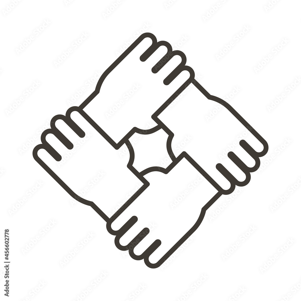 Stylized icon design with 4 hands holding together. Thin line minimal Illustration for different concepts like teamwork, community, unity, equality, volunteering and partnership Stylized icon design with 4 hands holding together. Thin line minimal Illustration for different concepts like teamwork, community, unity, equality, volunteering and partnership
