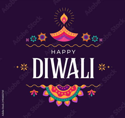 Happy Diwali Hindu festival banner, greeting card. Burning diya illustration, background for light festival of India