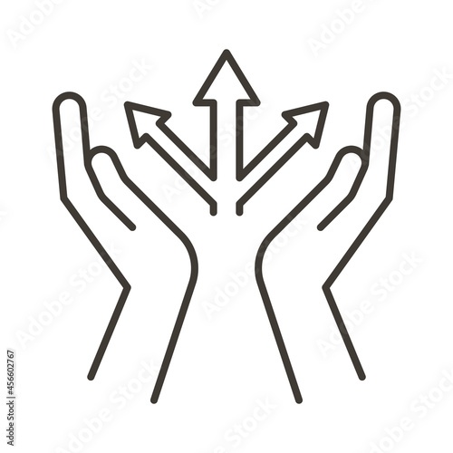 Hands holding three way direction sign. Vector thin line icon for concepts of career choice, future, decisions, success, way choice, start of career or next step
