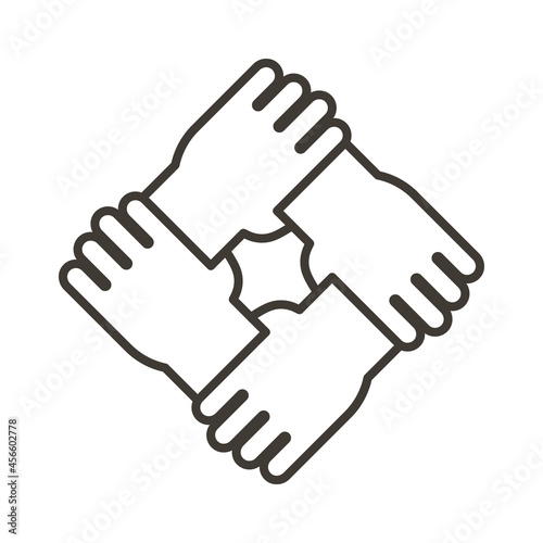 Stylized icon design with 4 hands holding together. Thin line minimal Illustration for different concepts like teamwork, community, unity, equality, volunteering and partnership