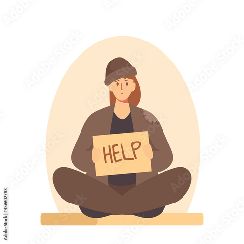 Bum in Ragged Clothes Sitting on Ground Begging Money, Homeless Woman Holding Banner Need Help, Unemployed Character