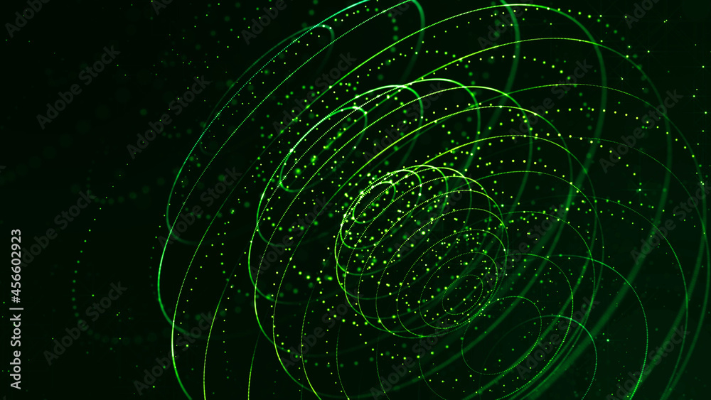 abstract sci-fi background with glow particles form curved lines, surfaces, hologram structures or virtual digital space. Green motion design background of microworld or cosmic space. Rings
