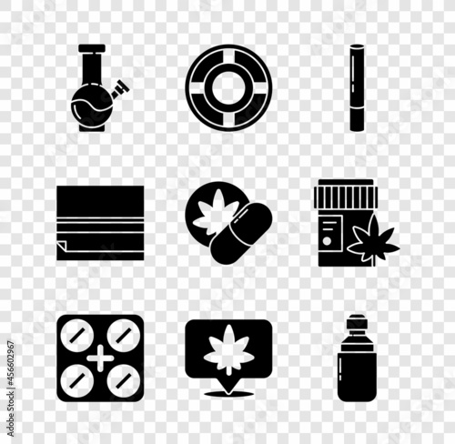 Set Glass bong for smoking marijuana, Ashtray, Marijuana joint, Medical pills with, Location and cannabis, olive oil, Rolling paper and Herbal ecstasy tablets icon. Vector