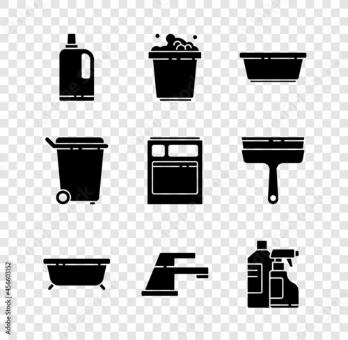 Set Fabric softener, Bucket with soap suds, Plastic basin, Bathtub, Water tap, Bottles for cleaning agent, Trash can and Kitchen dishwasher machine icon. Vector