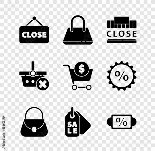 Set Hanging sign with Closed, Handbag, Shopping building text closed, Price tag Sale, Discount percent, Remove shopping basket and cart dollar icon. Vector