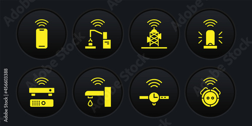 Set Wireless TV box receiver, Smart flasher siren, water tap, Smartwatch, antenna, Robotic robot arm hand factory, vacuum cleaner and smartphone icon. Vector