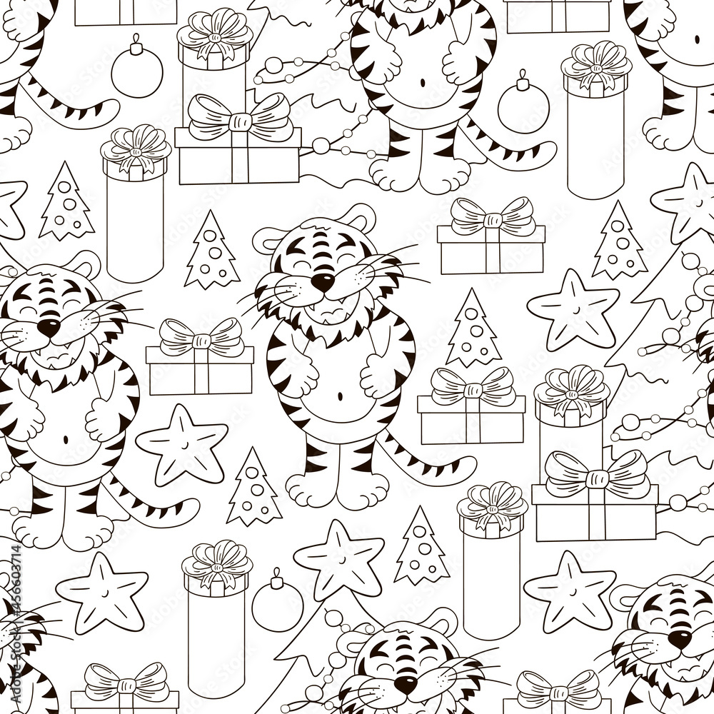 Seamless vector pattern for year of the tiger 2022. Coloring Pattern in hand draw style Seamless vector pattern for year of the tiger 2022. Coloring Pattern in hand draw style