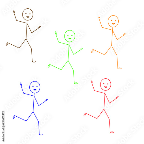 multicolored little men running in the same direction, human figures pictogram, the concept of a single team, isolated on a white background
