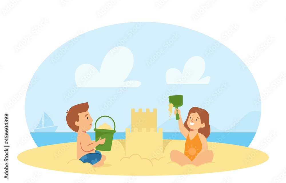 Boy and Girl Characters in Swimwear Playing on Sea Beach Building Sand Castle. Kids Having Fun on Summer Vacation