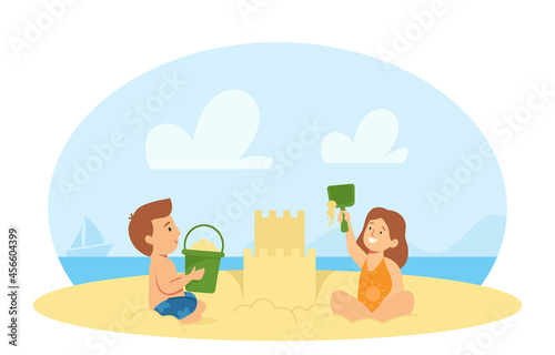 Boy and Girl Characters in Swimwear Playing on Sea Beach Building Sand Castle. Kids Having Fun on Summer Vacation