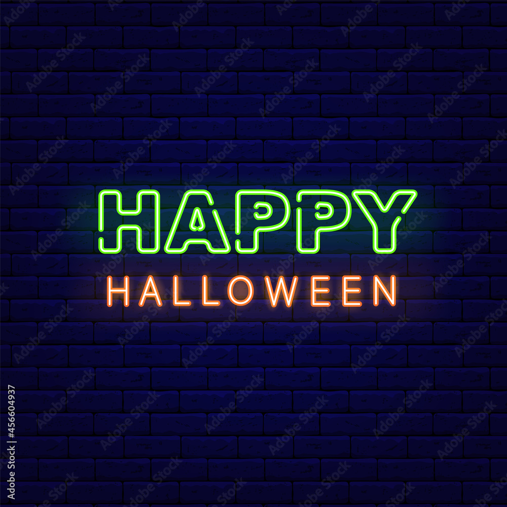 Happy Halloween neon greeting card. Night bright signboard. Isolated vector stock illustration Happy Halloween neon greeting card. Night bright signboard. Isolated vector stock illustration