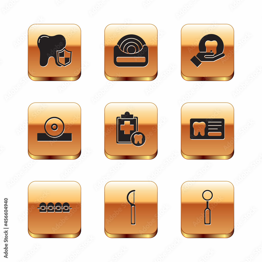 Set Dental protection, Teeth with braces, floss, card, Otolaryngological head reflector, Tooth, inspection mirror and icon. Vector Set Dental protection, Teeth with braces, floss, card, Otolaryngological head reflector, Tooth, inspection mirror and icon. Vector