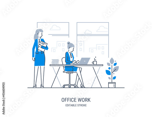 Office workers talking and working. Office life interior concept. Vector line-art graphic design.