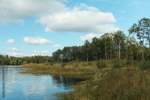 Fototapeta Naklejka Na Ścianę i Meble -  beautiful river landscape, winding bank overgrown with grass and trees, the sky with clouds is reflected in the water