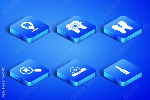 Set Painkiller tablet, Dental clinic location, Otolaryngological head reflector, search, Teeth with braces and Broken tooth icon. Vector