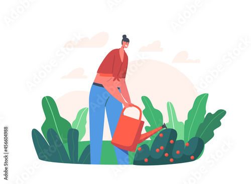 Happy Girl Gardening, Watering Orchard Plant from Can. Farmer Woman Caring of Bush, Horticulture and Olericulture Hobby