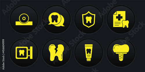 Set Dental clinic location, card, Broken tooth, Tube of toothpaste, protection, Tooth, implant and Otolaryngological head reflector icon. Vector