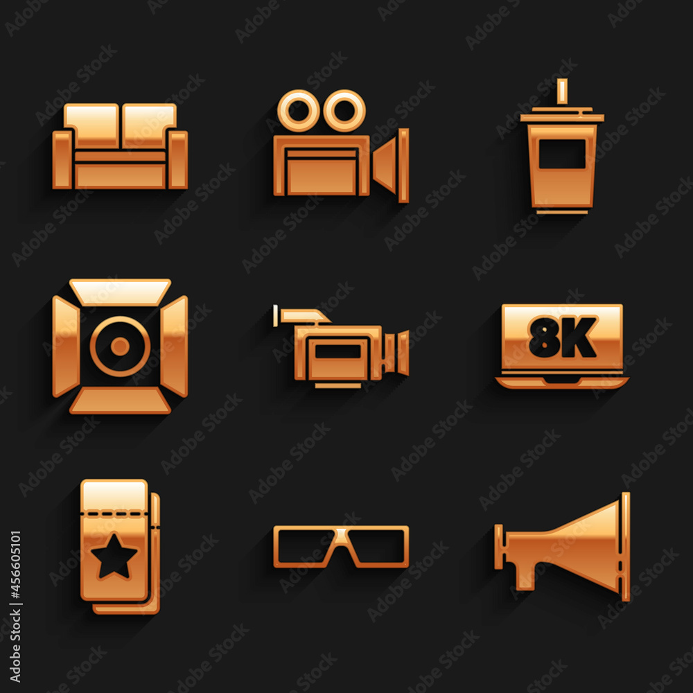 Set Cinema camera, 3D cinema glasses, Megaphone, Laptop with 8k, ticket, Movie spotlight, Paper water and chair icon. Vector Set Cinema camera, 3D cinema glasses, Megaphone, Laptop with 8k, ticket, Movie spotlight, Paper water and chair icon. Vector