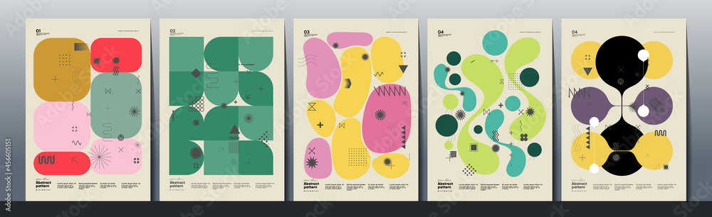 Abstract Paintings. Set of vector illustrations. Memphis and Bauhaus style designs. Geometric shapes, backgrounds, trendy patterns. Retro elements for web, sale banners, posters, flyer.