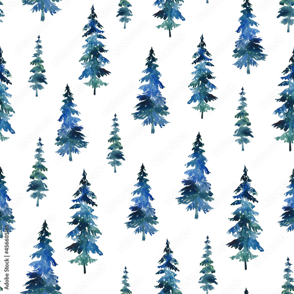 Seamless pattern with watercolor spruce trees. Design for Christmas wrapping paper, greeting cards and package.