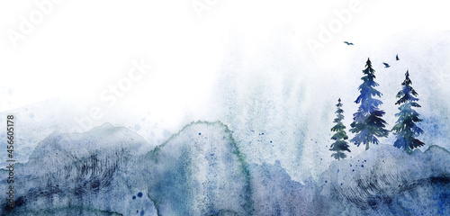 Hand painted watercolor illustration with wet washes and spruce trees. Isolated on white background