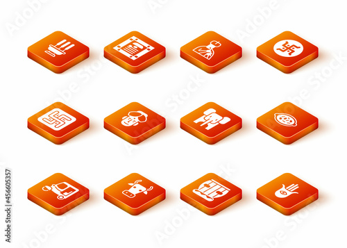 Set Taxi tuk tuk, Cow, Hindu swastika, Indian man, Instrument tabla, Elephant, Hamsa hand and Kheer bowl icon. Vector