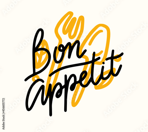 Bon Appetit Lettering, Food Poster with Doodle Fork and Spoon. Graphic Design Element, Print for Menu, Cafe Decoration