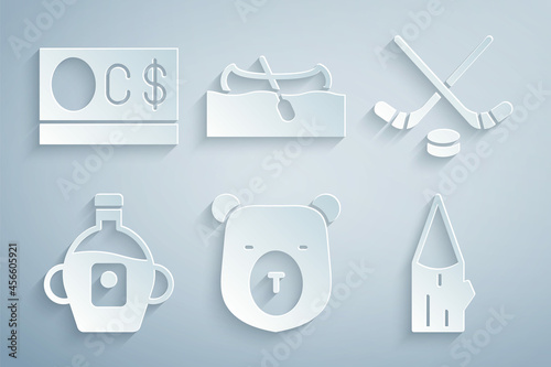 Set Bear head, Ice hockey sticks and puck, Maple syrup, Wooden log, Kayak or canoe and Canadian dollar icon. Vector