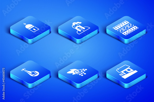 Set Ukrainian house, Church tower, Branch viburnum, Bandura, cossack and ethnic pattern icon. Vector
