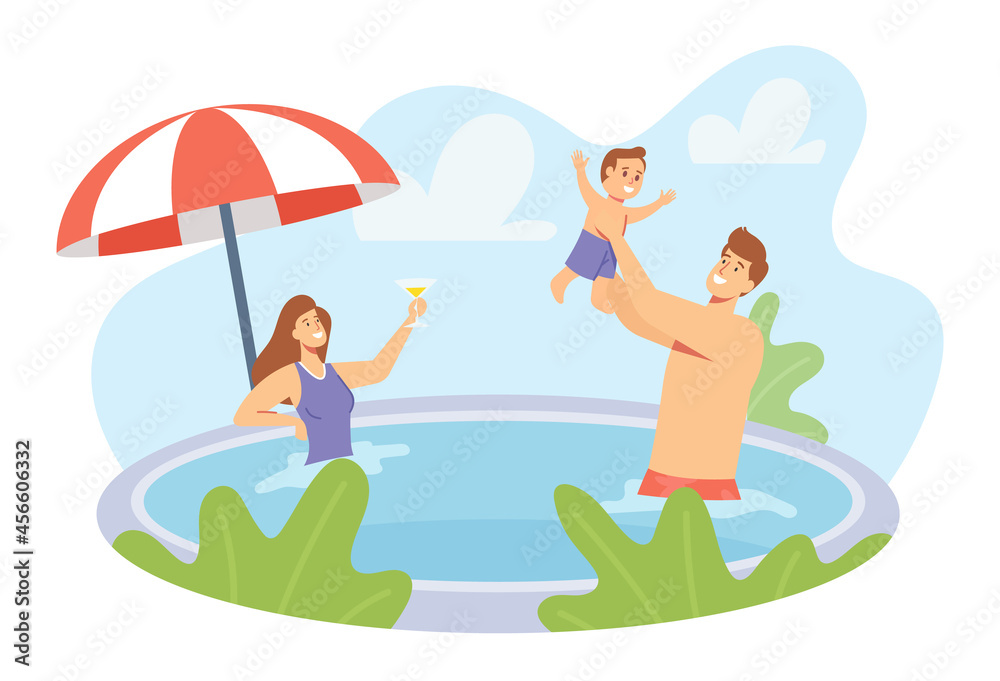 Happy Family Holidays. Young Parents and Little Child Characters Playing in Swimming Pool. Father Splashing with Son